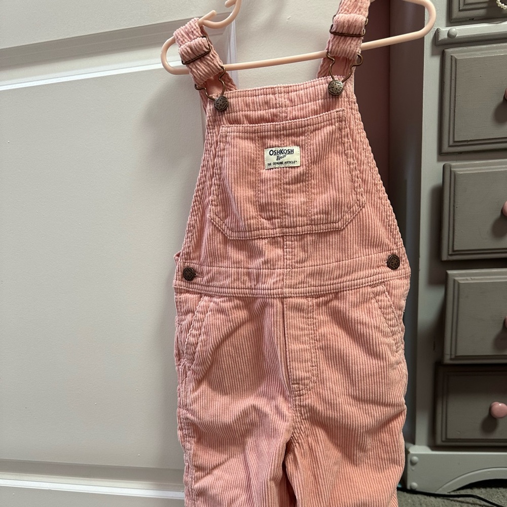 OshKosh pink cornered, cotton-lined overalls. Size 5T.